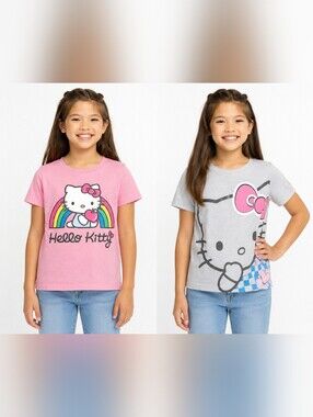 Hello Kitty Girls Size 8 2-Pack Short Sleeve Graphic Tees Pink Gray Rainbow Shir